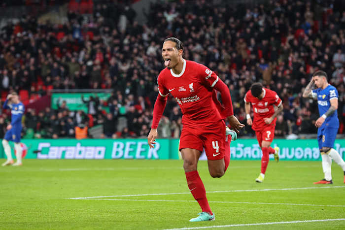Goalscorer Virgil van Dijk pictured celebrating during Liverpool's 1-0 win over Chelsea in the 2024 EFL Cup final at Wembley